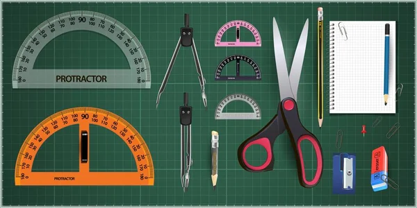 Set meetinstrumenten: linialen, driehoeken, gradenboog. Vector schoolinstrumenten geïsoleerd op groene achtergrond. Juiste vorm en afmetingen. — Stockvector