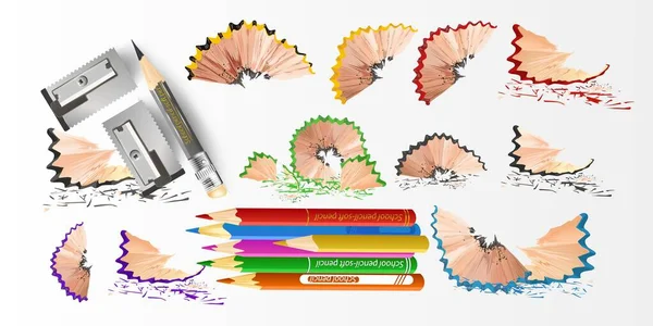 Realistische potloden. 3D gekleurde schoolbriefpapier met slijper en krullen. geslepen potloden van verschillende lengtes met een rubber, een slijper, potloodkrullen en een op wit geïsoleerd grafiet — Stockvector