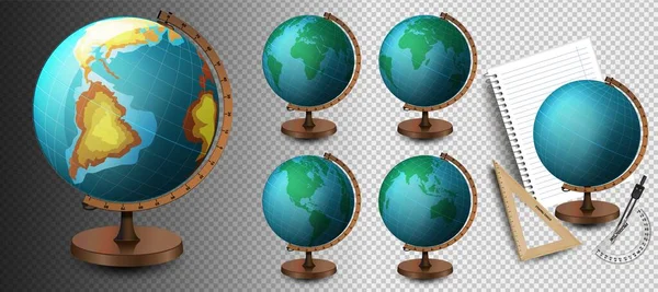 Szkolny glob, wektor. Vector Realistic 3d Globe of Planet Earth with Map of World Icon Zbliżenie Izolowane na białym tle. Wzór szablonu globu szkolnego na stole, Model Ziemi dla Grafiki — Wektor stockowy