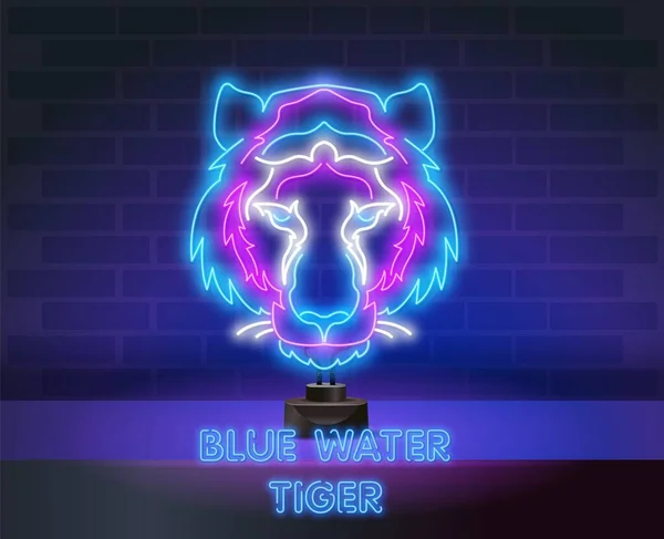 Neonblå vattentiger 2022. Vilda djur, zoo, natur design. Natt ljus neon skylt, färgglada skylt, ljus banner. Vektor illustration i neon stil. — Stock vektor