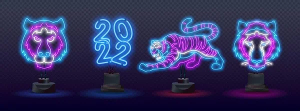 Uppsättning neonblå vattentiger 2022. Neon kinesiska nytt år 2022 år av tigern, linje konst karaktär, neon stil på svart bakgrund. — Stock vektor