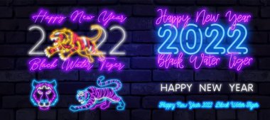 Neon kaplanı 2022. Mutlu yıllar Mavi Su Kaplanı. Siyah arkaplanda turuncu neon rengi. Neon biçiminde vektör illüstrasyonu.