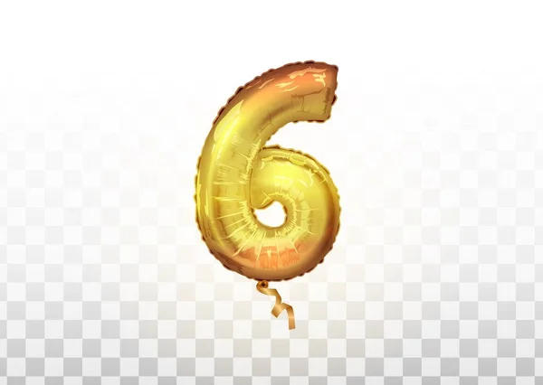 Realistisk guld färg uppblåsbar luftballong Figur 6 på transparent bakgrund. Vektor realistisk isolerad gyllene ballong nummer 6. Vektorillustration. EPS10 — Stock vektor