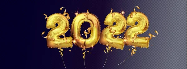 Vector Gold foil balloons number 2022. 2022 number of gold foiled balloons isolated on dark background. Christmas and New Year Decoration. Realistic 3d vector illustration — Stock Vector