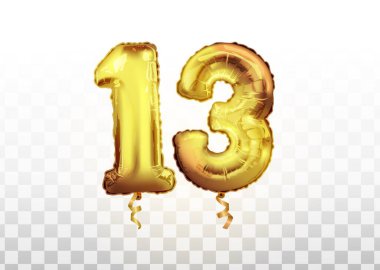 vector Golden number 13 thirteen made of inflatable balloon isolated on white background art. Celebrating of 13 th years birthday vector 3d illustration. clipart