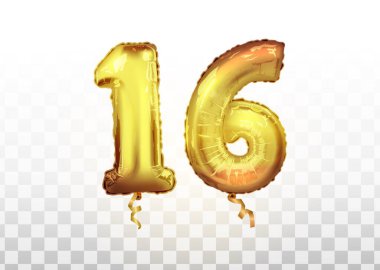 Altın 16 numaralı vektör. On altı metalik balon. Parti dekorasyonu altın balonları. Yıldönümü tabelası Mutlu bayramlar, doğum günü, karnaval, yeni yıl