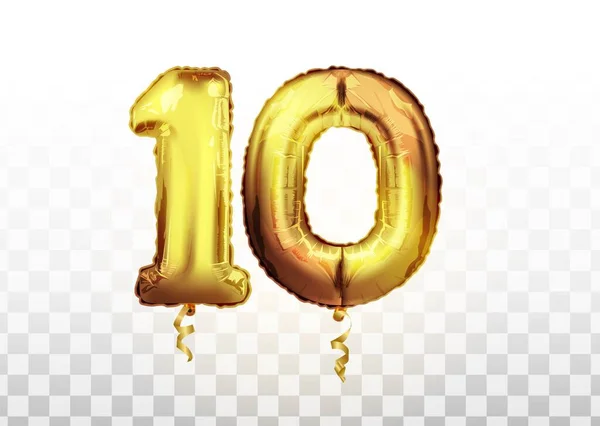 Anniversario realistico vettoriale che celebra i palloncini d'oro numero 10, galleggianti nell'aria. palloncino d'oro numero di dieci — Vettoriale Stock
