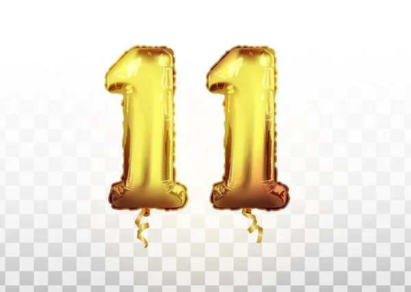 Şeffaf arkaplanda davetiye dekorasyonu için 11 'lik izole edilmiş gerçekçi altın balon numarası. Vector realistik yıldönümü 11 numaralı altın balonu kutluyor. — Stok Vektör