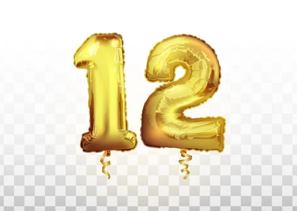 Vector realistic isolated golden balloon number of 12 on the transparent background. Celebrating of 12 th years birthday vector 3d illustration. Twelve anniversary celebration. — Stock Vector