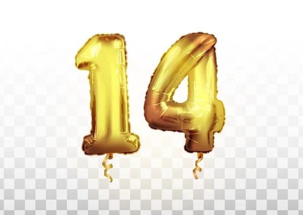 Vector realistic isolated golden balloon number of 14 for invitation decoration on the transparent background. Celebrating of 14 th years birthday vector 3d illustration. — Stock Vector