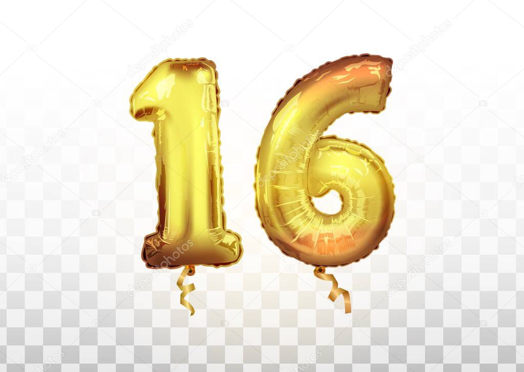 Vector Golden number 16 sixteen metallic balloon. Party decoration golden balloons.