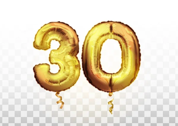 Vector Gouden folie nummer 30 dertig metalen ballon. Feestversiering gouden ballonnen. Jubileumteken voor een gelukkige vakantie, feest — Stockvector