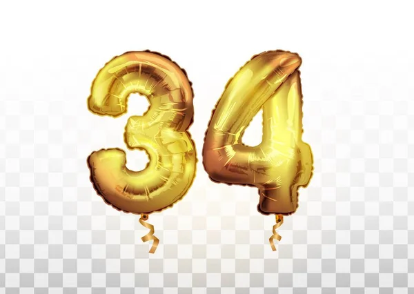 Vetor Dourado 34 número trinta e quatro balão metálico. Festa decoração balões dourados. Sinal de aniversário para feliz feriado, celebração, aniversário — Vetor de Stock