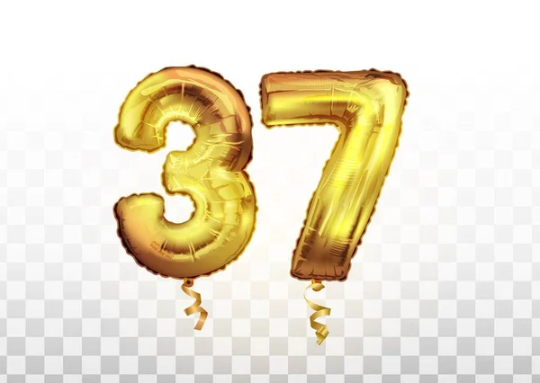 Şeffaf arkaplanda davet dekorasyonu için 37 'lik izole edilmiş altın folyo balon numarası. — Stok Vektör