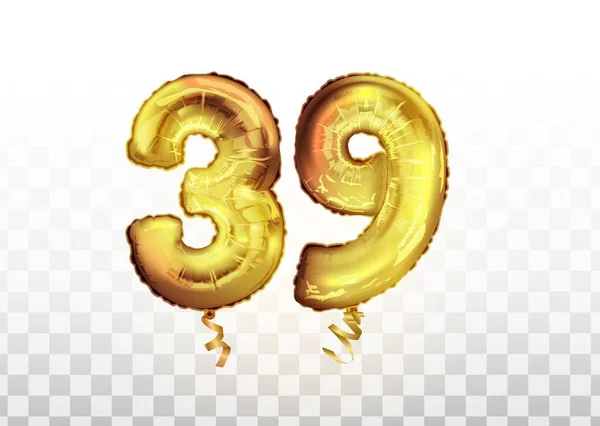 Vettore Foglio d'oro numero 39 trentanove palloncino metallico. Decorazione partito palloncini d'oro. Segno di anniversario per la festa felice, celebrazione, compleanno, carnevale, nuovo anno — Vettoriale Stock