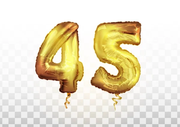 45 numaralı altın folyo 45 numaralı metalik balon. Parti dekorasyonu altın balonları. Yıldönümü tabelası Mutlu bayramlar, doğum günü, karnaval, yeni yıl — Stok Vektör