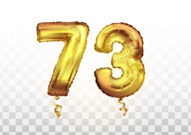 73 numaralı Altın Folyo vektörü 73 numaralı metalik balon. Parti dekorasyonu altın balonları. Yıldönümü tabelası Mutlu bayramlar, kutlama, doğum günü