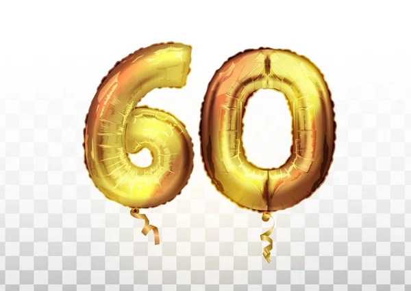 Vettore Foglio d'oro numero 60 sessanta palloncino metallico. Decorazione partito palloncini d'oro. Segno di anniversario per festa felice, celebrazione, compleanno, carnevale, nuovo anno. arte — Vettoriale Stock