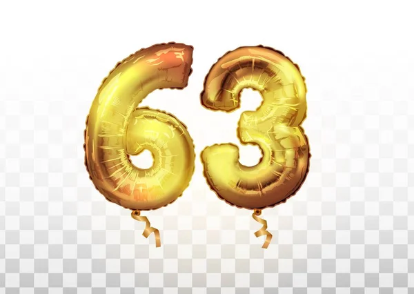 Vector Golden foil nummer 63 drieënzestig metalen ballon. Feestversiering gouden ballonnen. Jubileumteken voor een gelukkige vakantie, feest, verjaardag — Stockvector