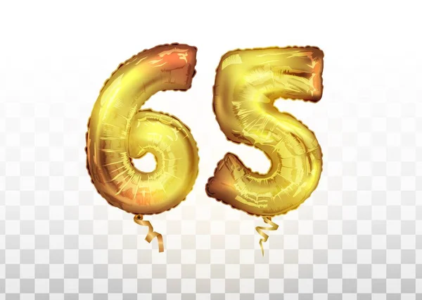 Wektor Złoty numer 65 sześćdziesiąt pięć metaliczny balon. Dekoracja partii złote balony. Rocznica znak na szczęśliwe wakacje, uroczystości, urodziny — Wektor stockowy