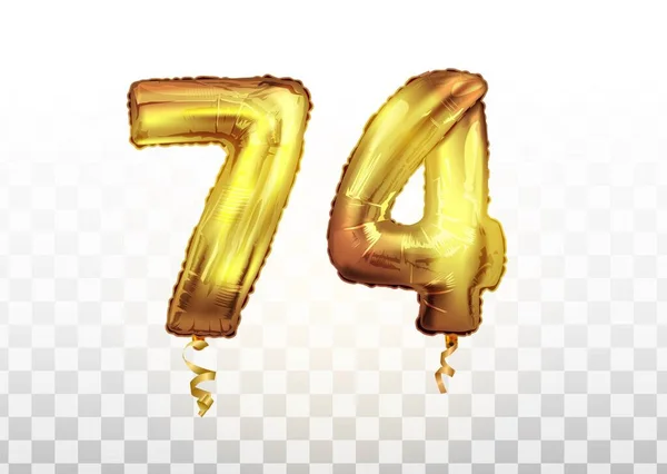 Vector Lámina dorada número 74 setenta y cuatro globo metálico. Decoración fiesta globos dorados. Signo de aniversario para feliz fiesta, celebración, cumpleaños — Archivo Imágenes Vectoriales