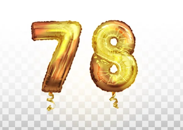 Vettore Numero d'oro 78 settantotto palloncino metallico. Decorazione partito palloncini d'oro. Segno di anniversario per felice vacanza, celebrazione, compleanno — Vettoriale Stock