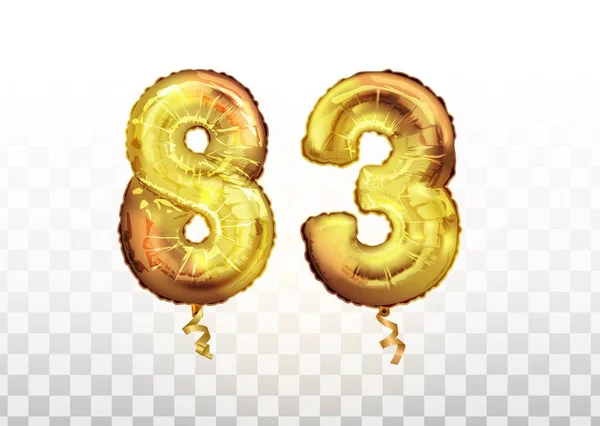 Vektor Golden folie nummer 83 åttiotre metalliska ballong. Fest dekoration gyllene ballonger. Jubileumsskylt för glad semester, fest, födelsedag, karneval, nyår. Konst — Stock vektor