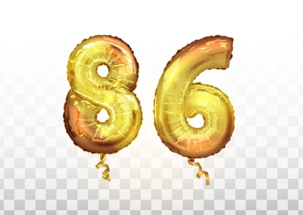 Vettore Foglio d'oro numero 86 ottantasei palloncino metallico. Decorazione partito palloncini d'oro. Segno di anniversario per felice vacanza, celebrazione, compleanno — Vettoriale Stock