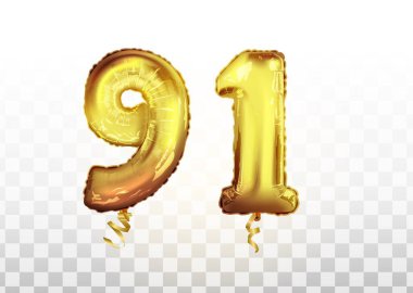91 numaralı Altın Folyo vektörü. 91 Metalik Balon. Parti dekorasyonu altın balonları. Yıldönümü tabelası Mutlu bayramlar, kutlama, doğum günü