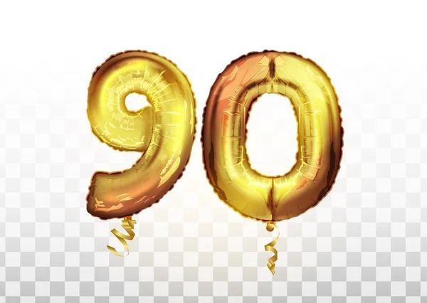Altın folyo 90 numaralı vektör metalik balon. Parti dekorasyonu altın balonları. Yıldönümü tabelası Mutlu bayramlar, kutlama, doğum günü — Stok Vektör