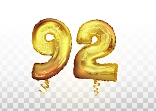 Διάνυσμα Χρυσό αλουμινόχαρτο νούμερο 92 ενενήντα δύο μεταλλικό μπαλόνι. Διακόσμηση πάρτι χρυσά μπαλόνια. Υπογραφή επετείου για χαρούμενες διακοπές, γιορτή, γενέθλια, καρναβάλι, νέο έτος. τέχνη — Διανυσματικό Αρχείο
