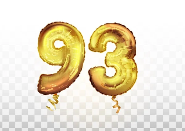 Vettore Foglio d'oro numero 93 novantatré palloncino metallico. Decorazione partito palloncini d'oro. Segno di anniversario per felice vacanza, celebrazione, compleanno — Vettoriale Stock