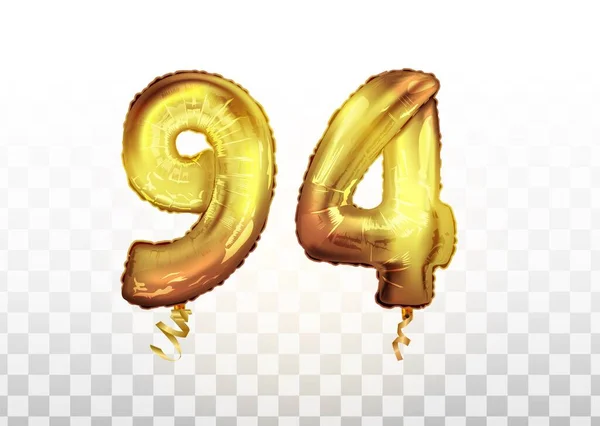 Vetor Folha dourada número 94 noventa e quatro balão metálico. Festa decoração balões dourados. Sinal de aniversário para feliz feriado, celebração, aniversário — Vetor de Stock