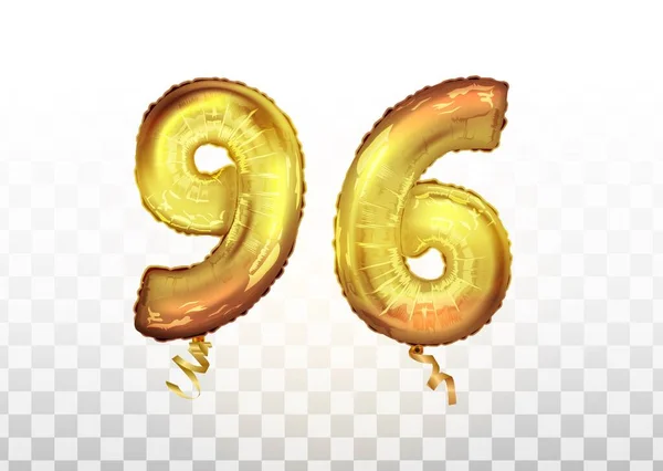 Vettore Foglio d'oro numero 96 novantasei palloncino metallico. Decorazione partito palloncini d'oro. Segno di anniversario per la festa felice, celebrazione, compleanno, carnevale — Vettoriale Stock