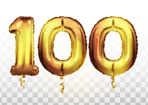 Διάνυσμα Χρυσό φύλλο αριθμός 100 εκατοντάδες μεταλλικό μπαλόνι. Διακόσμηση πάρτι χρυσά μπαλόνια. Επέτειος σημάδι για καλές διακοπές, γιορτή, γενέθλια, καρναβάλι, το νέο έτος — Διανυσματικό Αρχείο