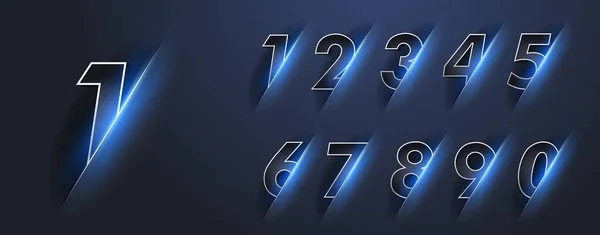 青色の輝きを持つ0から9までの明るい輝く数。番号1,2,3,4,5,6,7,8,9,0明るい光で。2022年あけましておめでとう. — ストックベクタ