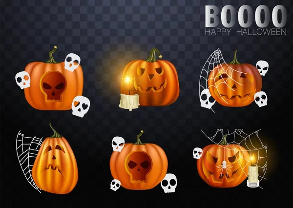 Zucche di Halloween in vettore con set di facce diverse per icone e decorazioni su sfondo scuro. Illustrazione vettoriale. web di Halloween — Vettoriale Stock