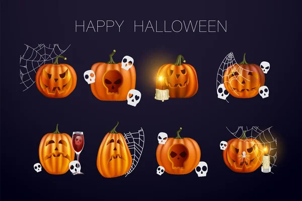 Halloween pumpor i vektor med uppsättning av olika ansikten för ikoner och dekorationer i mörk bakgrund. Vektorillustration. väv av halloween — Stock vektor