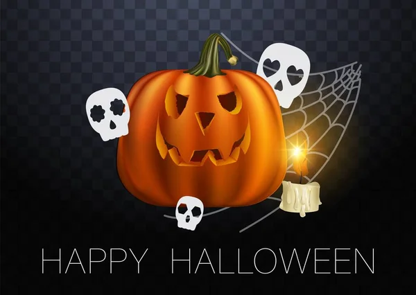 Vector realista de calabaza de Halloween con vela en el interior. Cara feliz calabaza de Halloween aislado sobre fondo transparente. — Archivo Imágenes Vectoriales