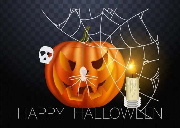 Zucca vettoriale realistica Halloween con candela all'interno. Felice faccia zucca di Halloween isolato su sfondo trasparente. — Vettoriale Stock