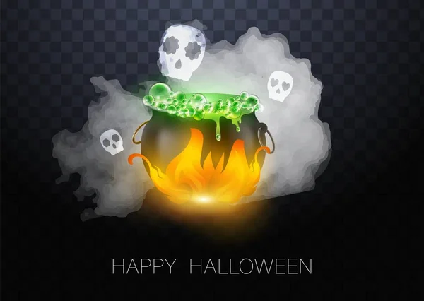 Realistické vektor Halloween černé čarodějnice kotel se zeleným pivem s očima. Šťastná tvář Halloween dýně a kotel izolované na bílém pozadí. — Stockový vektor