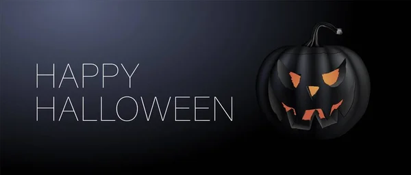 Vectormystieke illustratie. Gelukkig Halloween spandoek. Feestelijke achtergrond met realistische 3d zwarte pompoenen met gesneden enge glimlach. Halloween party graphics ontwerp. — Stockvector