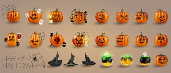 Ilustración vectorial. Calabazas amarillas para Halloween. Expresiones faciales de Jack-o-linterna. Personas de terror en el fondo moderno — Archivo Imágenes Vectoriales