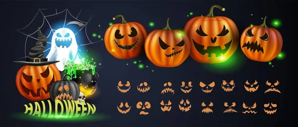 Vektorillustration. Gula pumpor till Halloween. Jack-o-lantern ansiktsuttryck. Skräck personer på mörk bakgrund — Stock vektor