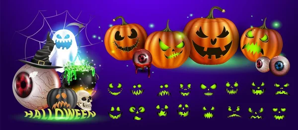 Vector illustratie. Gele pompoenen voor Halloween. Jack-o-lantaarn gezichtsuitdrukkingen. Horror personen op donkere achtergrond — Stockvector
