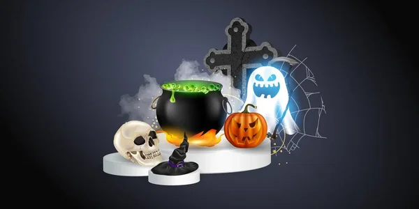 Halloween realistyczny zestaw z różnych przedmiotów dla czarownic izolowanych na czarnym tle wektor ilustracji. Elementy i obiekty Halloween dla projektów projektowych. — Wektor stockowy