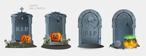 Conjunto de lápidas con resto en la ilustración vectorial inscripción paz. Un rasgón antiguo. Elementos de Halloween para el concepto de decoración. Aislado sobre fondo blanco — Archivo Imágenes Vectoriales