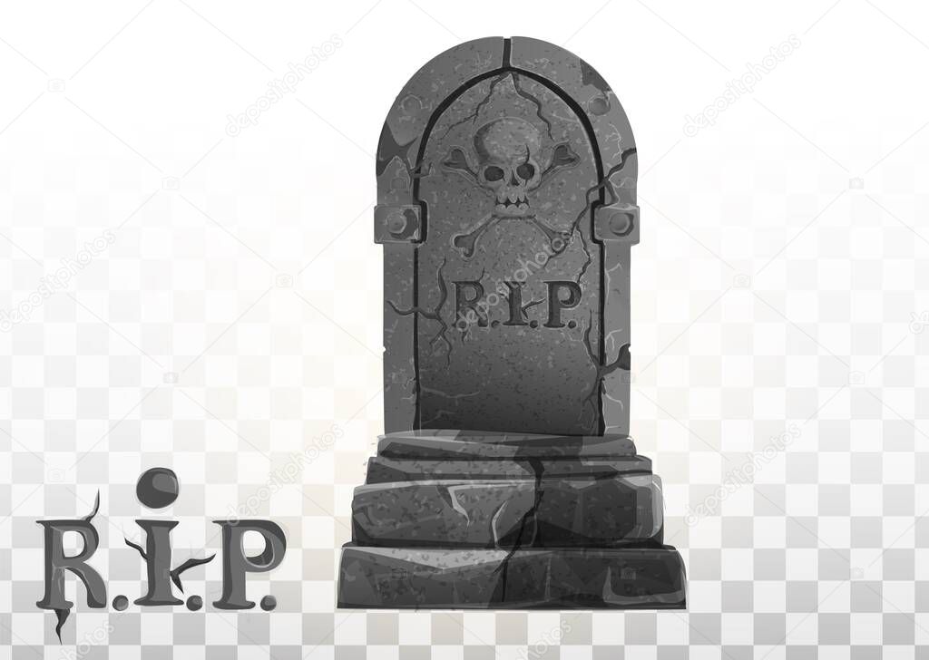 Monument on the grave. Gravestone in the cemetery. Gray monument on the grave of RIP. Vector cartoon illustration. Halloween elements set.
