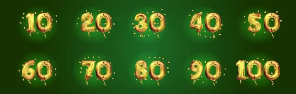 Yıldönümü altın rakamları belirlendi. Kutlama kompozisyonları ve selamlama. 10, 20, 30, 40, 50, 60, 70, 80, 90, yaş günü. Altın 3D balon numarası