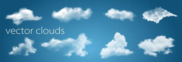 Nuvens brancas isoladas em transparente azul fundo vetor ilustração para você projetar. Tempo com céu brilhante e nebulosa —  Vetores de Stock